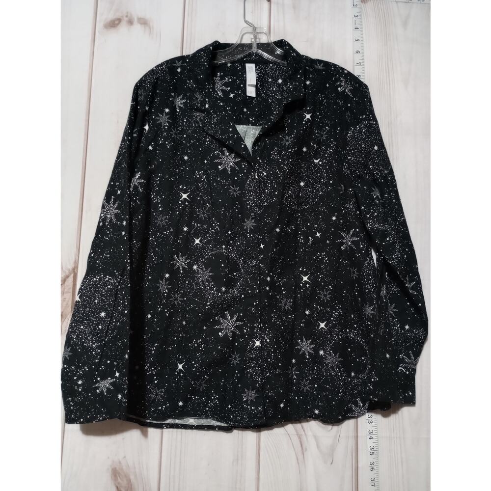 Stars Above Shirt Womens Large Black White Star Print Button Up Flannel Cozy‎
